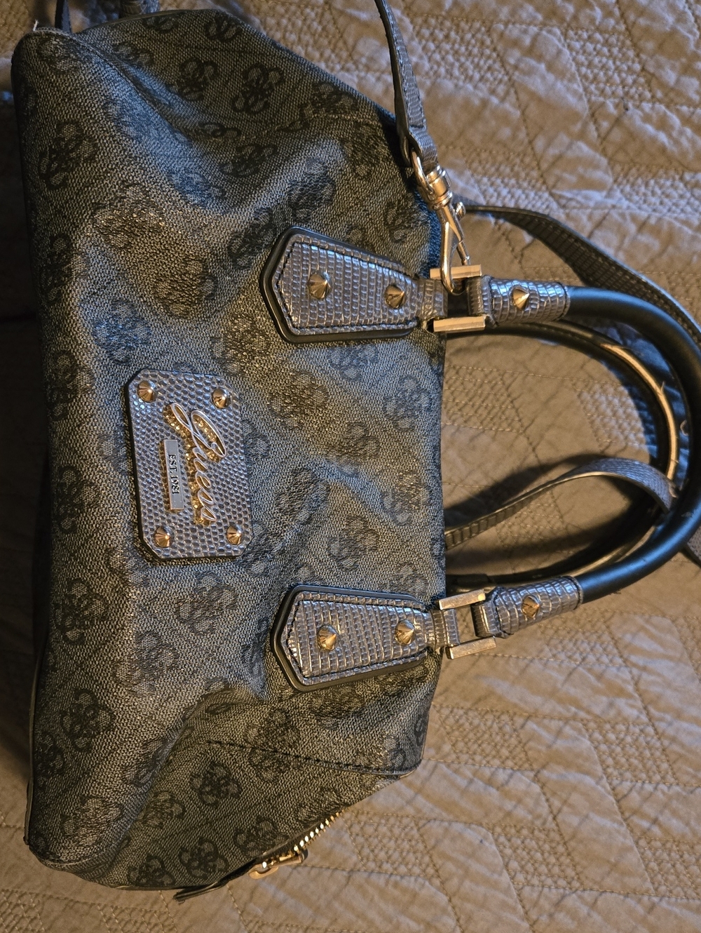 Guess Dark Grey Logo Satchel with Gold-Tone Accents